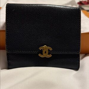 CHANEL Black Leather Small Wallet with Gold CC Emblem